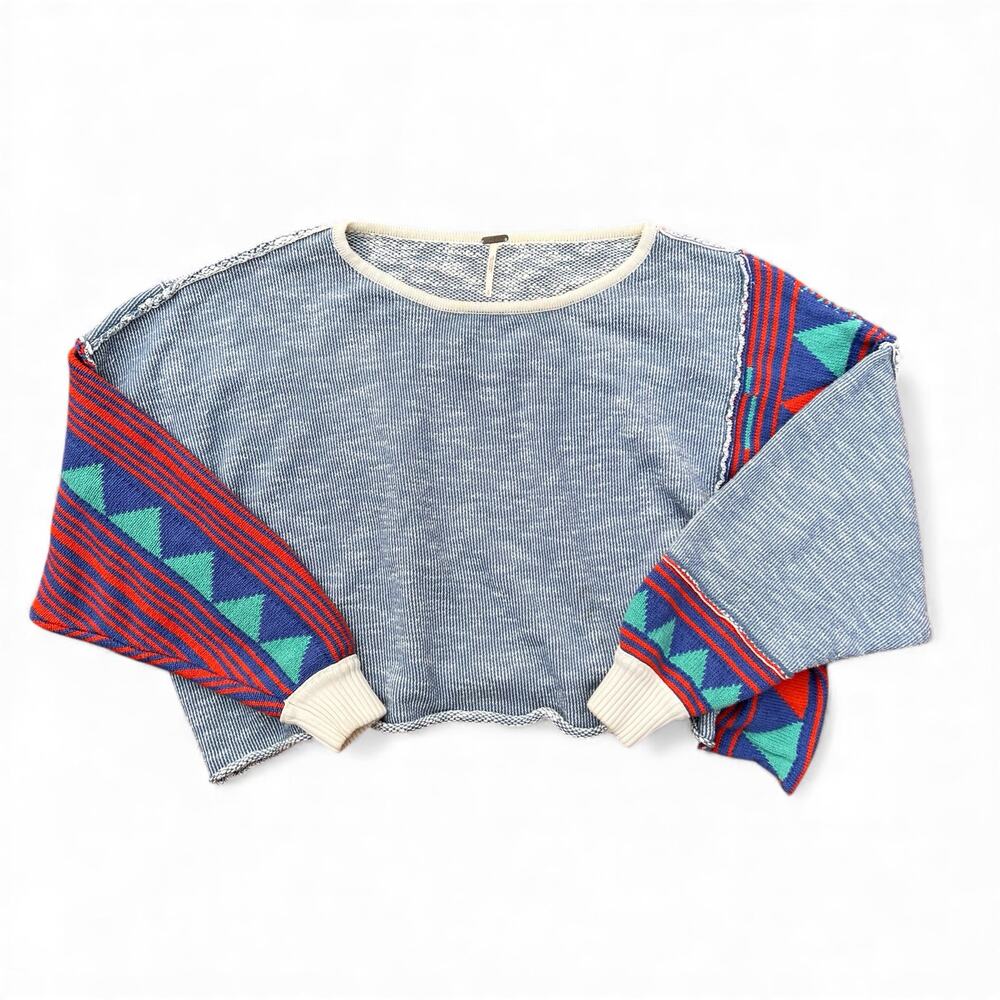 Free People Blue Aztec Boho Triangle Patchwork Crop Fit Slouchy Sweater Preppy S - Picture 4 of 10